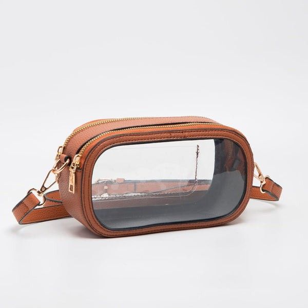 Women's Bag Tan Crossbody Double Zipper Transparent Adjustable Strap Superbowl